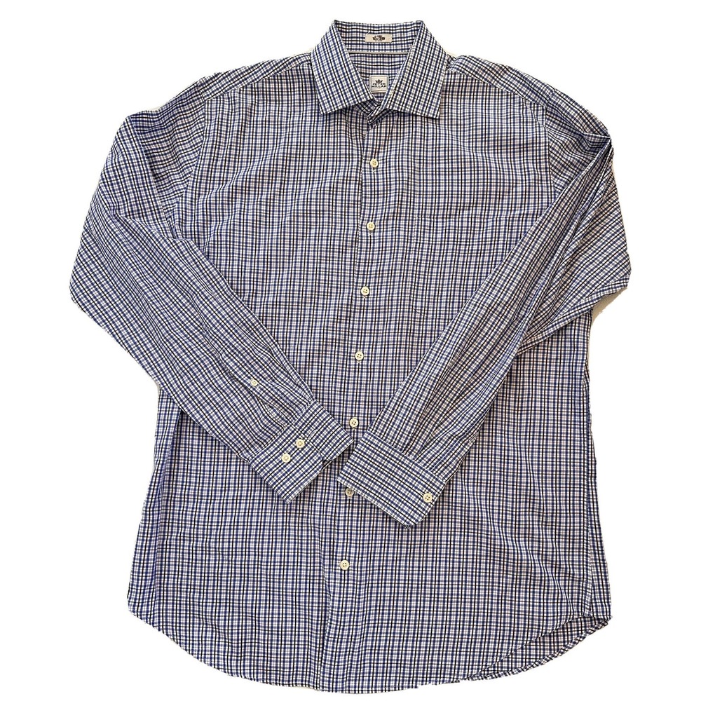 Peter Millar Shirt Men's L Casual Dress Shirt Gingham Blue‎ White Button Shirt